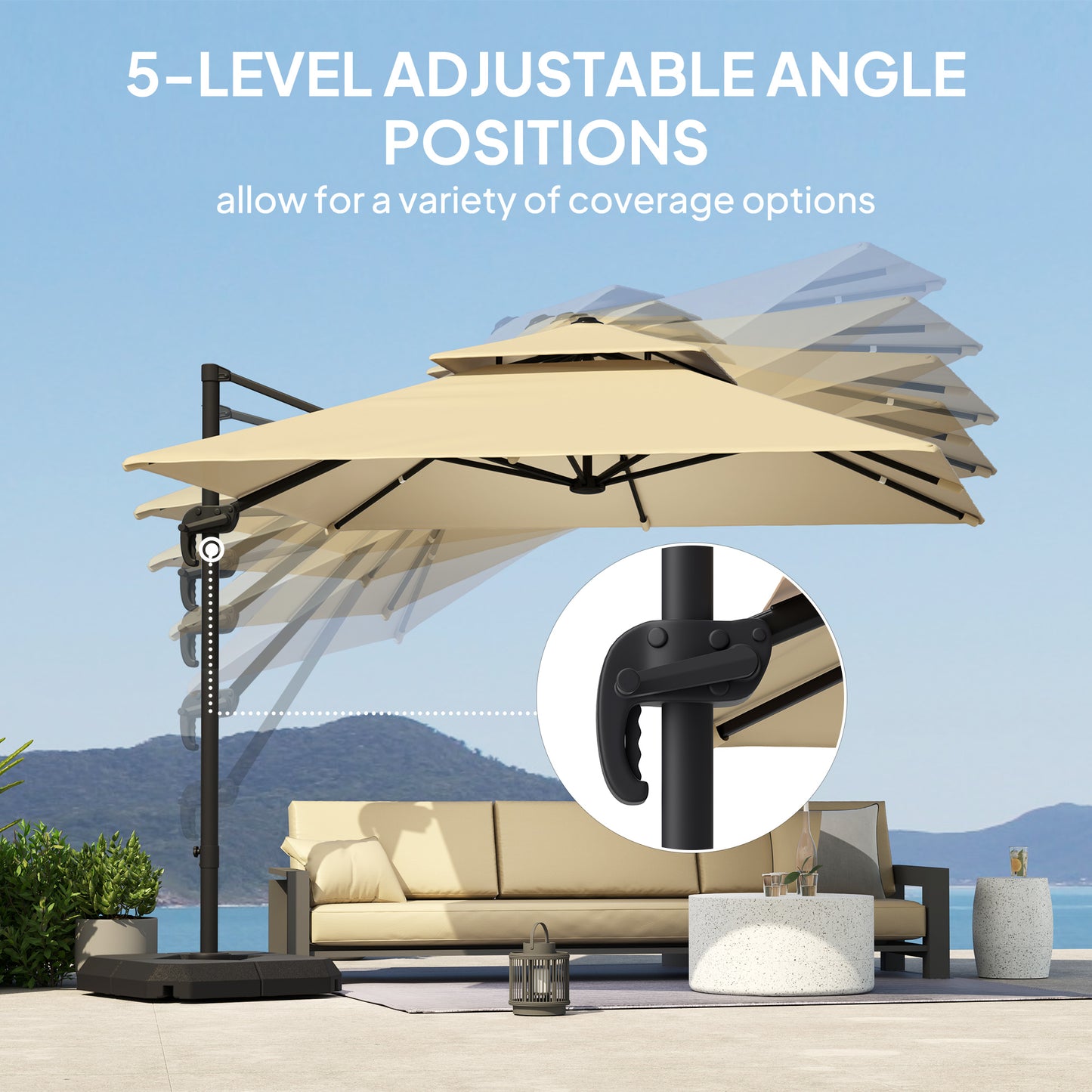 360° Cantilever Parasol Roma Umbrella w/ Base Weights, Khaki