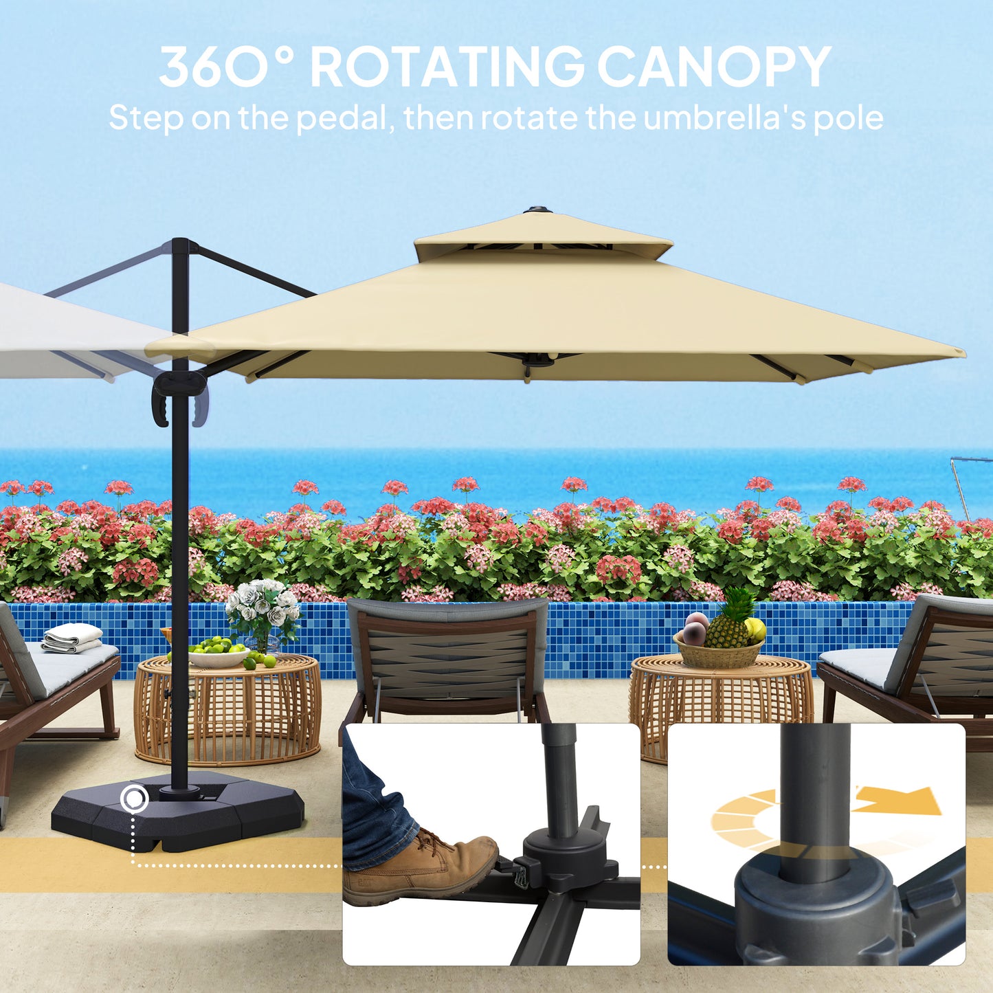 360° Cantilever Parasol Roma Umbrella w/ Base Weights, Khaki