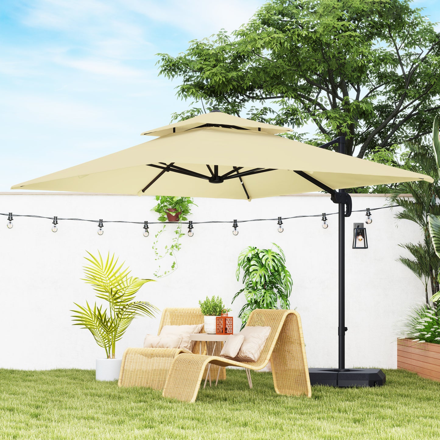 360° Cantilever Parasol Roma Umbrella w/ Base Weights, Khaki