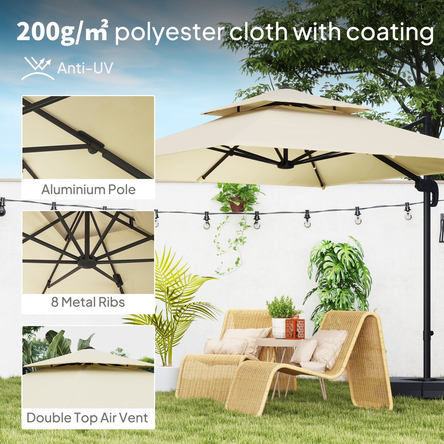 360° Cantilever Parasol Roma Umbrella w/ Base Weights, Khaki