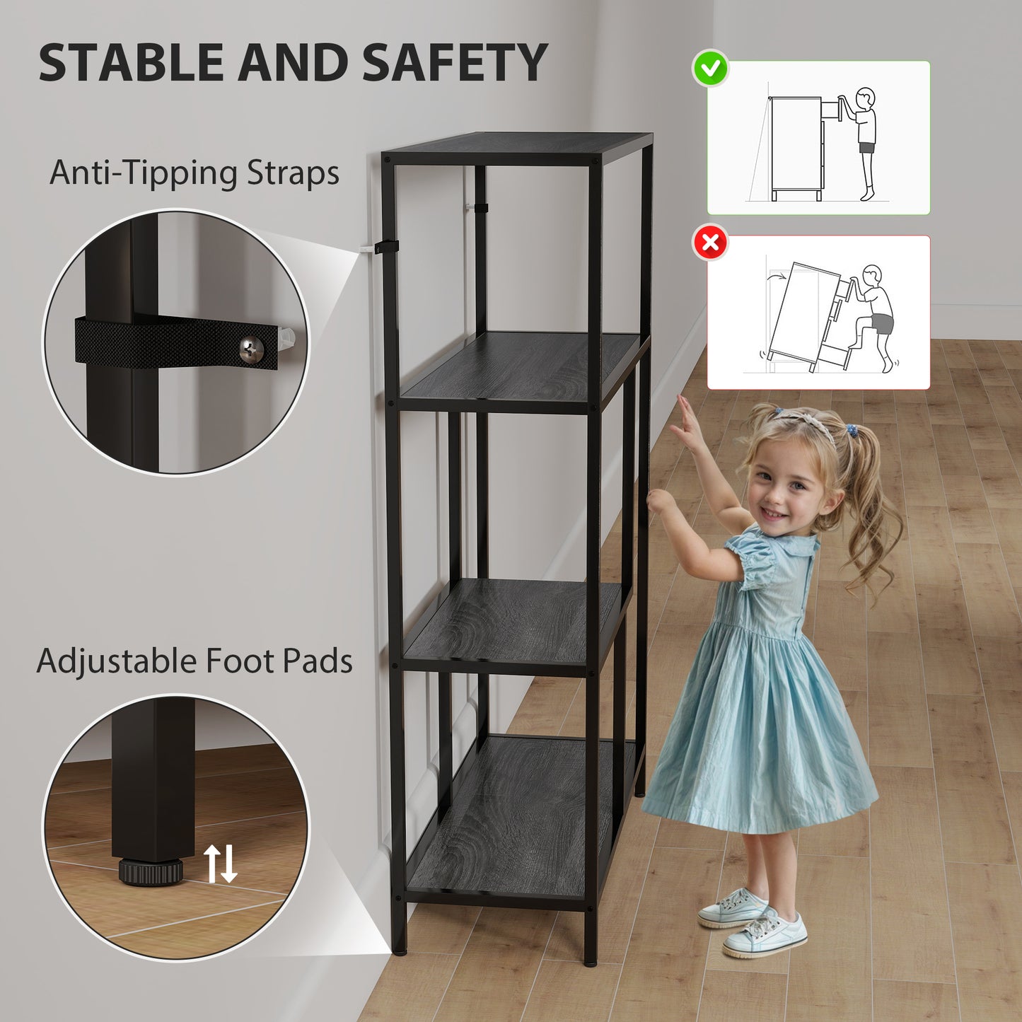 Industrial Bookshelf Bookcase w/ Open Shelves for Study Charcoal Grey