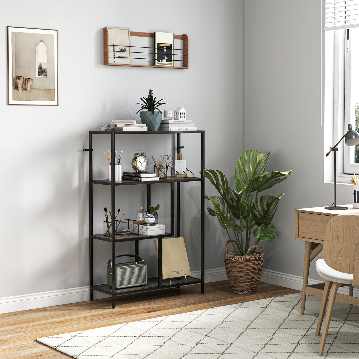 Industrial Bookshelf Bookcase w/ Open Shelves for Study Charcoal Grey