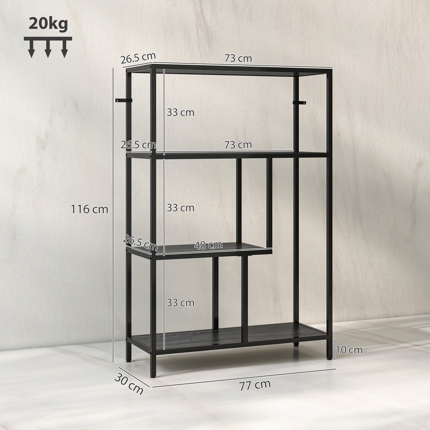 Industrial Bookshelf Bookcase w/ Open Shelves for Study Charcoal Grey