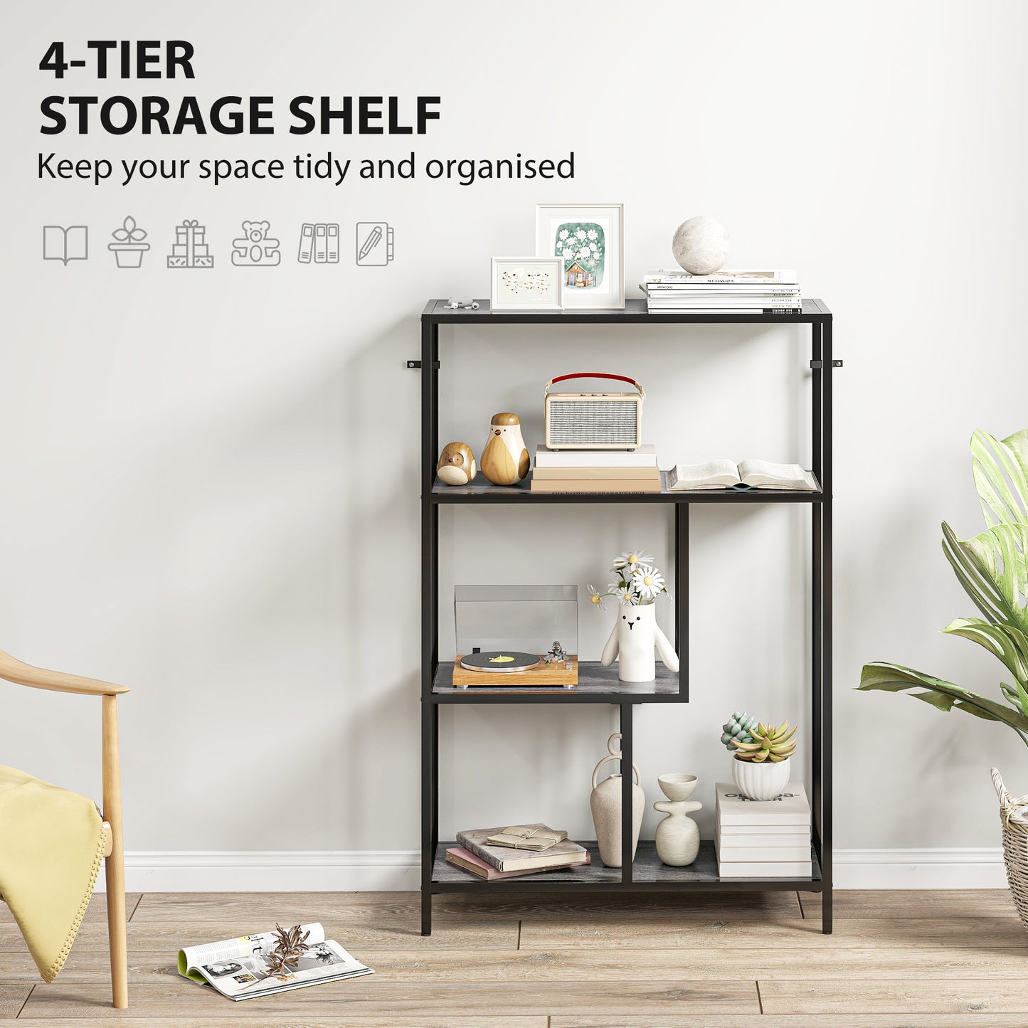 Industrial Bookshelf Bookcase w/ Open Shelves for Study Charcoal Grey
