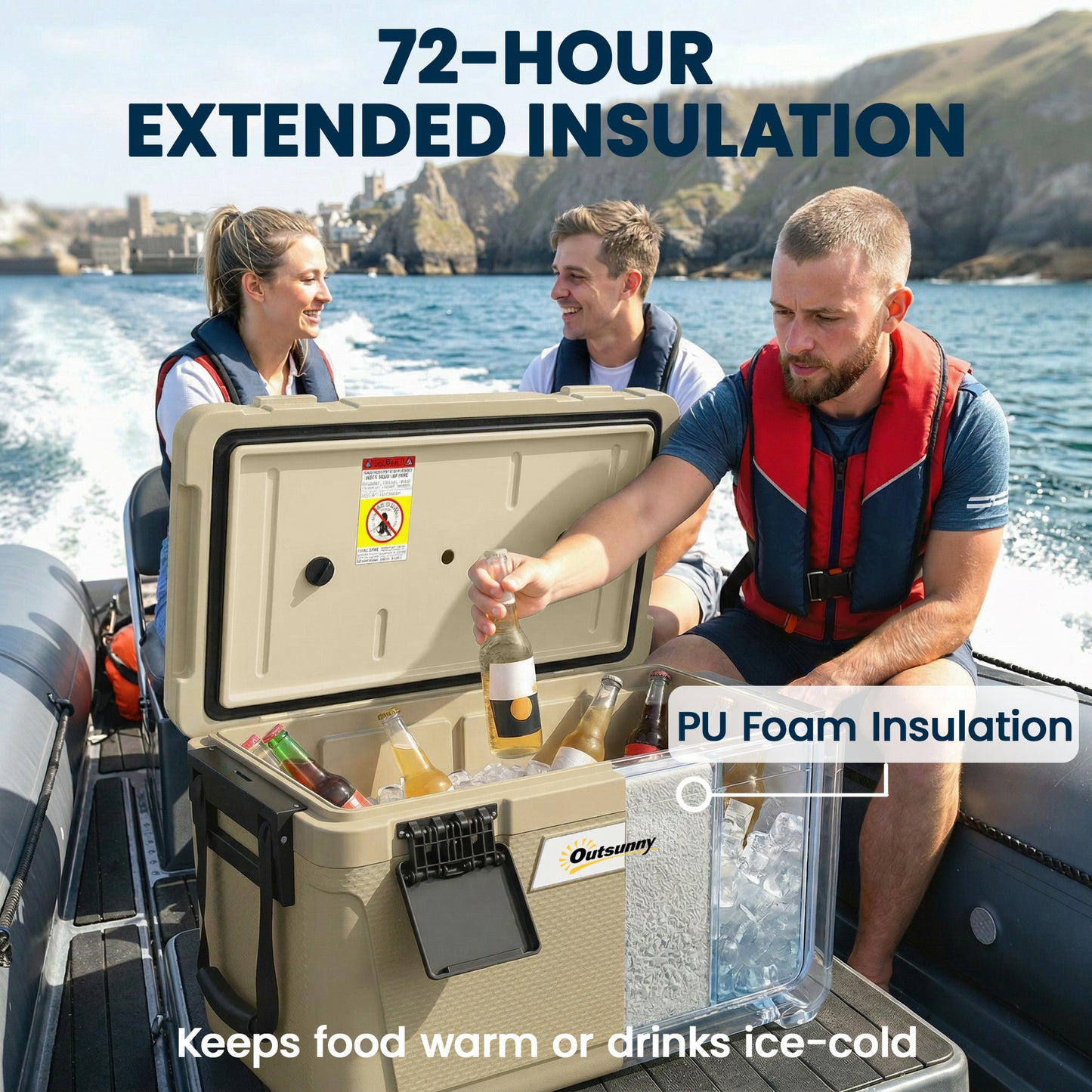 42.6L Insulated Cool Box, Portable Ice Cooler with Handle, Khaki