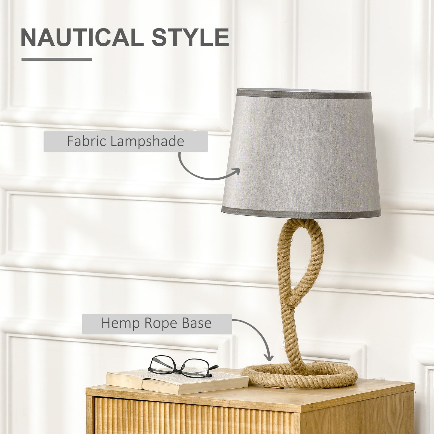Nautical Table Lamp w/ Rope Base, Desk Fabric Light, Bedroom Living room