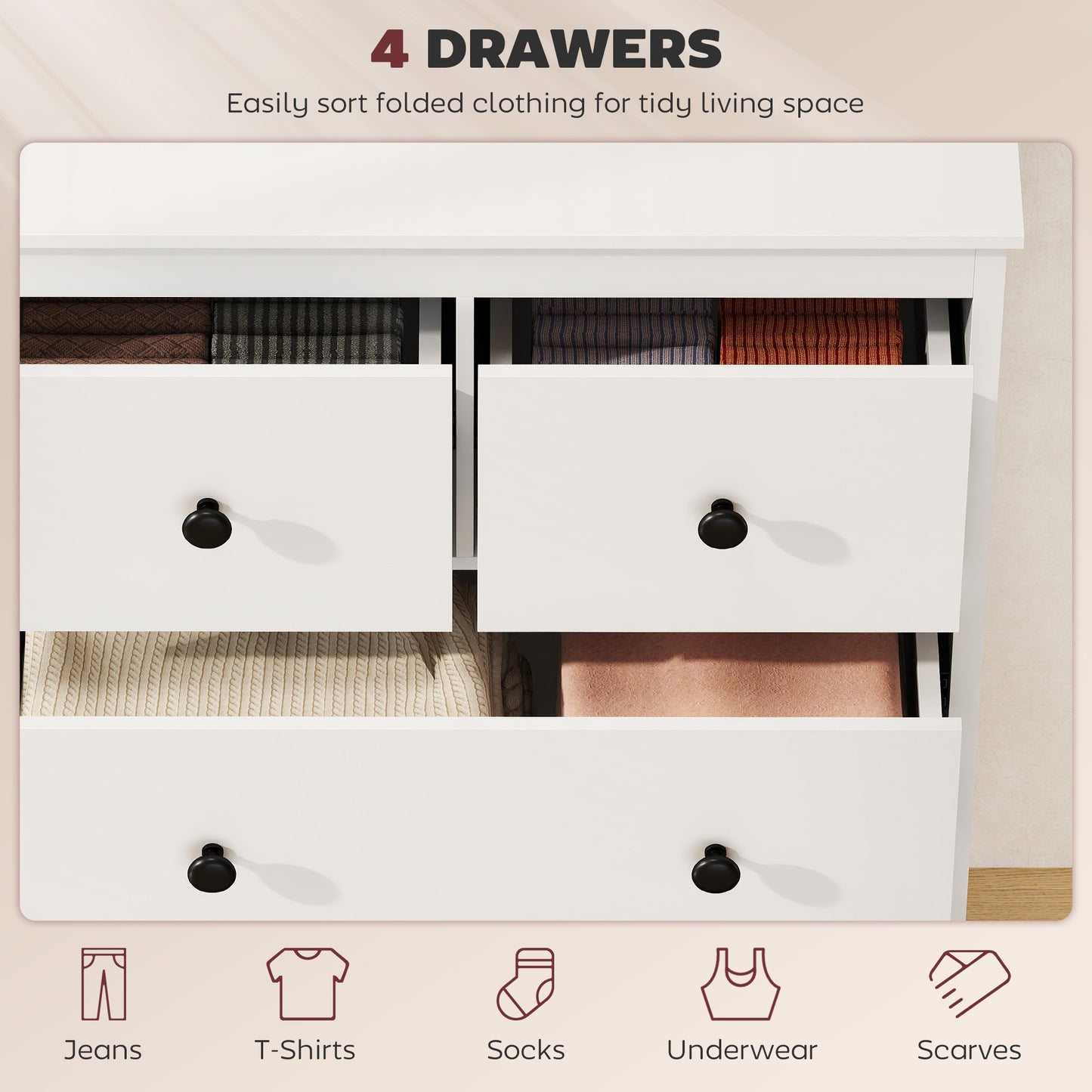 Modern Chest of Drawers, 4 Drawer Dresser for Bedroom, White