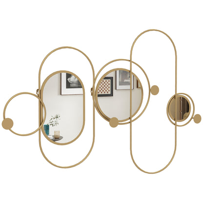 Metal Wall Art with Mirrors, Coat Hooks, Decorative Mirror Decor, Gold