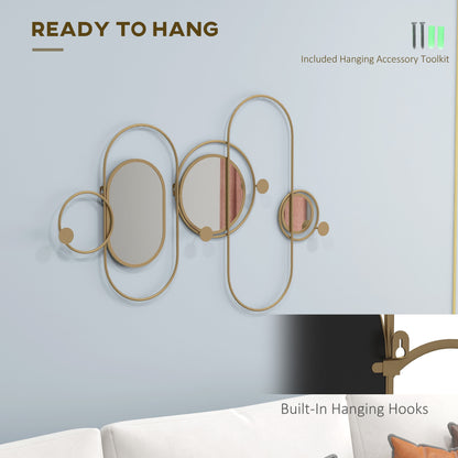 Metal Wall Art with Mirrors, Coat Hooks, Decorative Mirror Decor, Gold