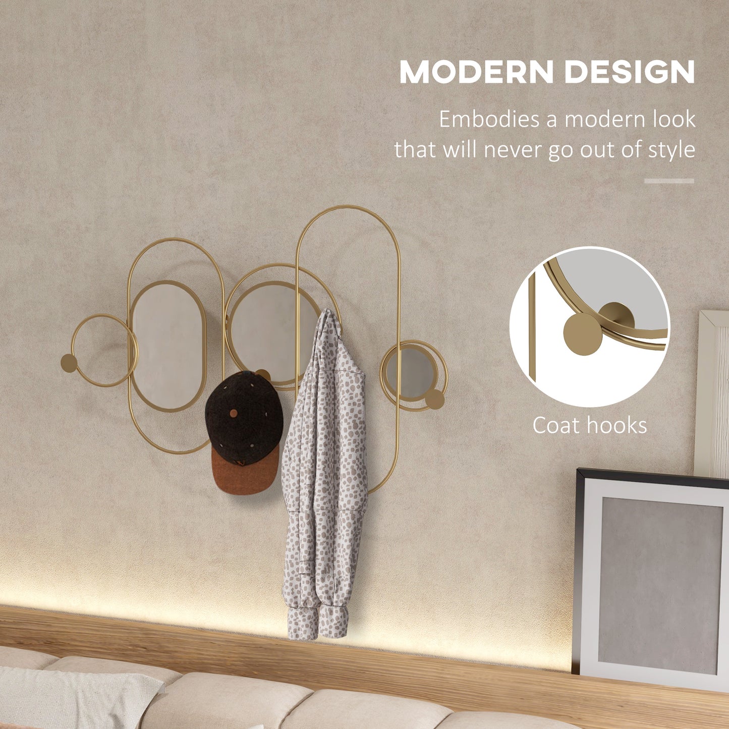 Metal Wall Art with Mirrors, Coat Hooks, Decorative Mirror Decor, Gold