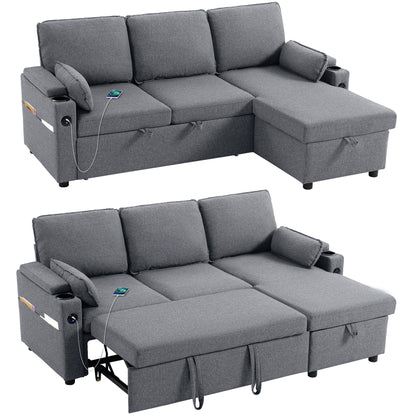 Corner Sofa Bed, L Shaped Sofa with Storage Chaise, USB Ports, Grey