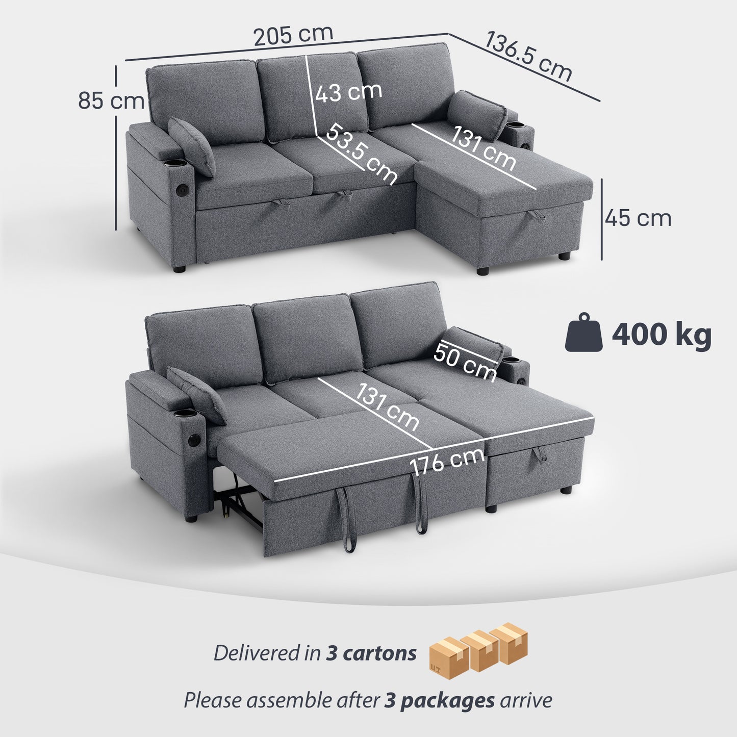 Corner Sofa Bed, L Shaped Sofa with Storage Chaise, USB Ports, Grey