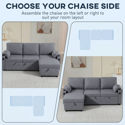 Corner Sofa Bed, L Shaped Sofa with Storage Chaise, USB Ports, Grey