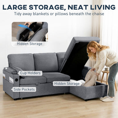 Corner Sofa Bed, L Shaped Sofa with Storage Chaise, USB Ports, Grey