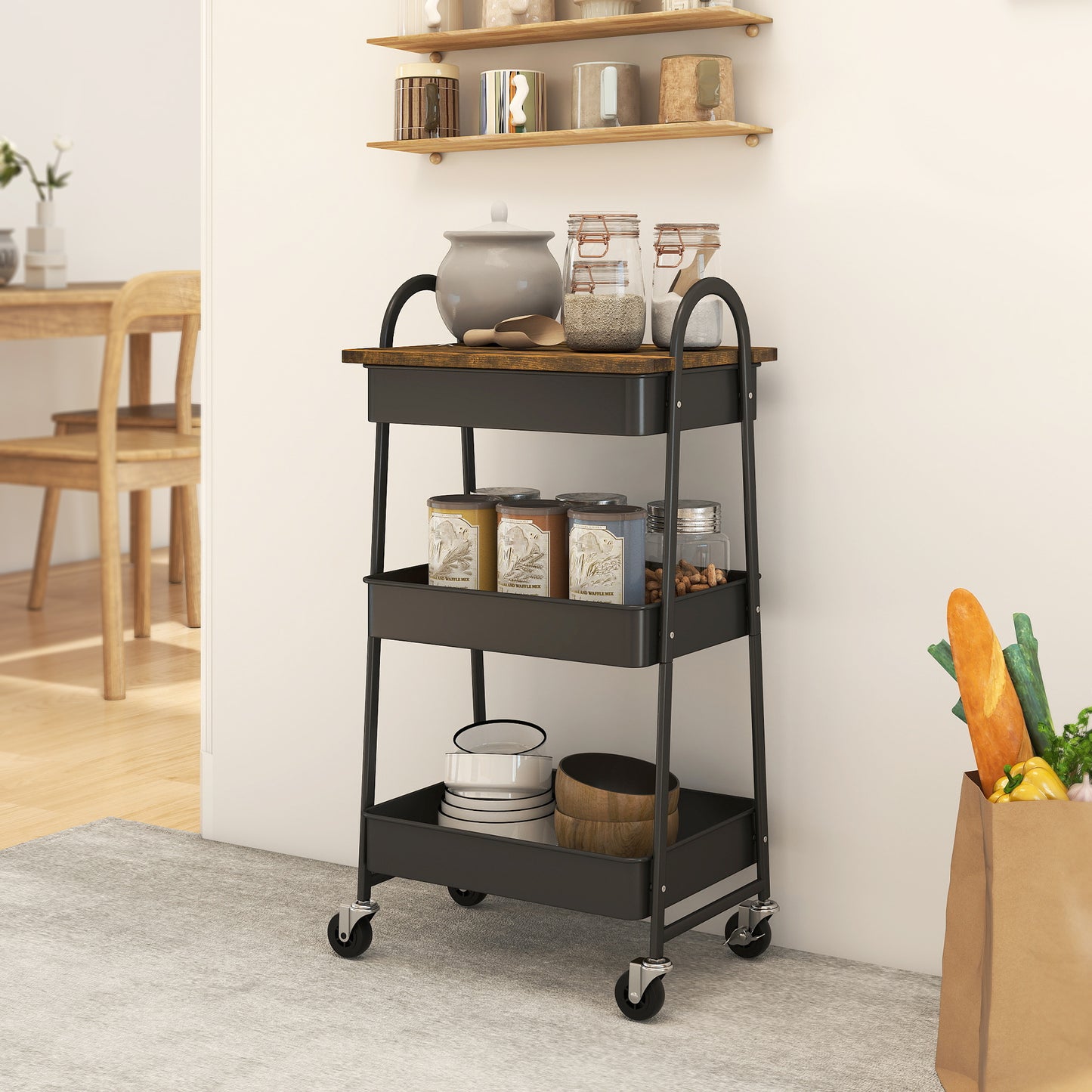 Rolling Utility Cart with Mesh Baskets for Kitchen Rustic Brown Black