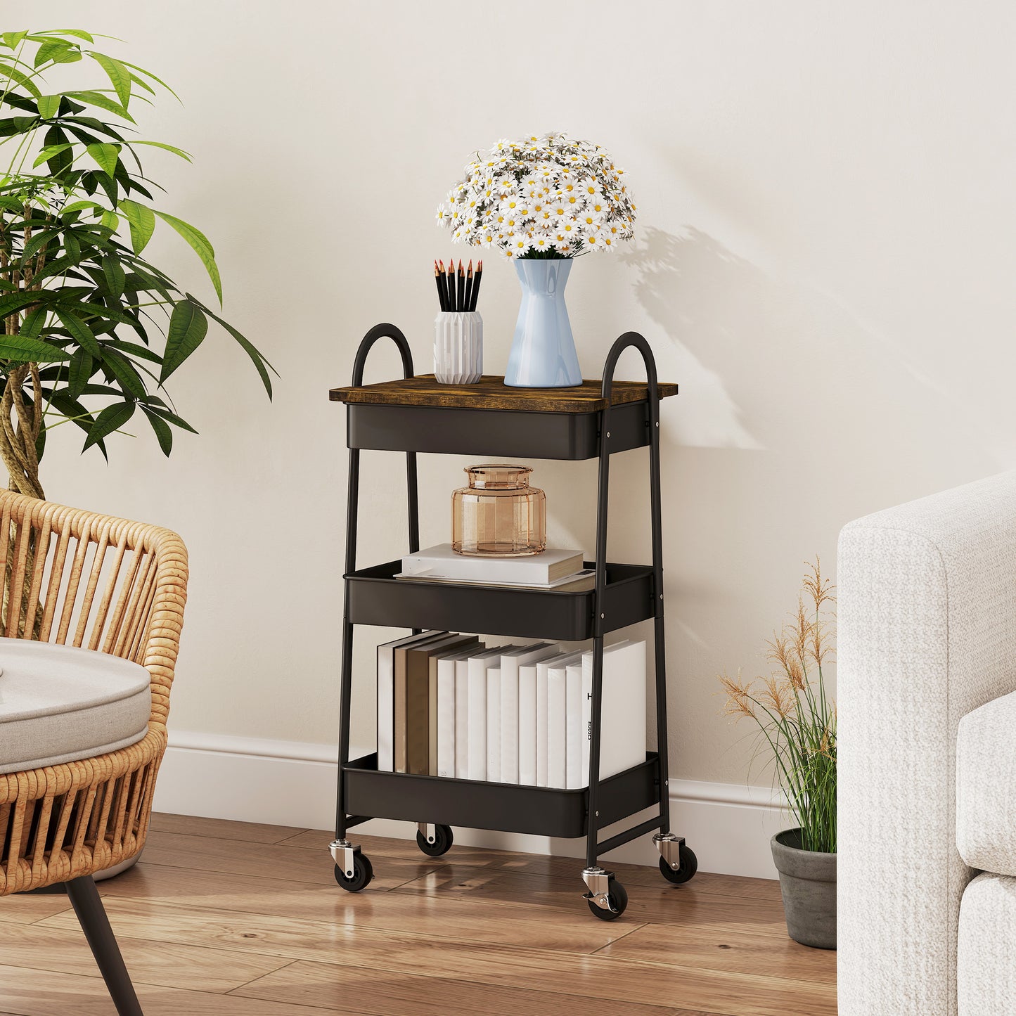 Rolling Utility Cart with Mesh Baskets for Kitchen Rustic Brown Black
