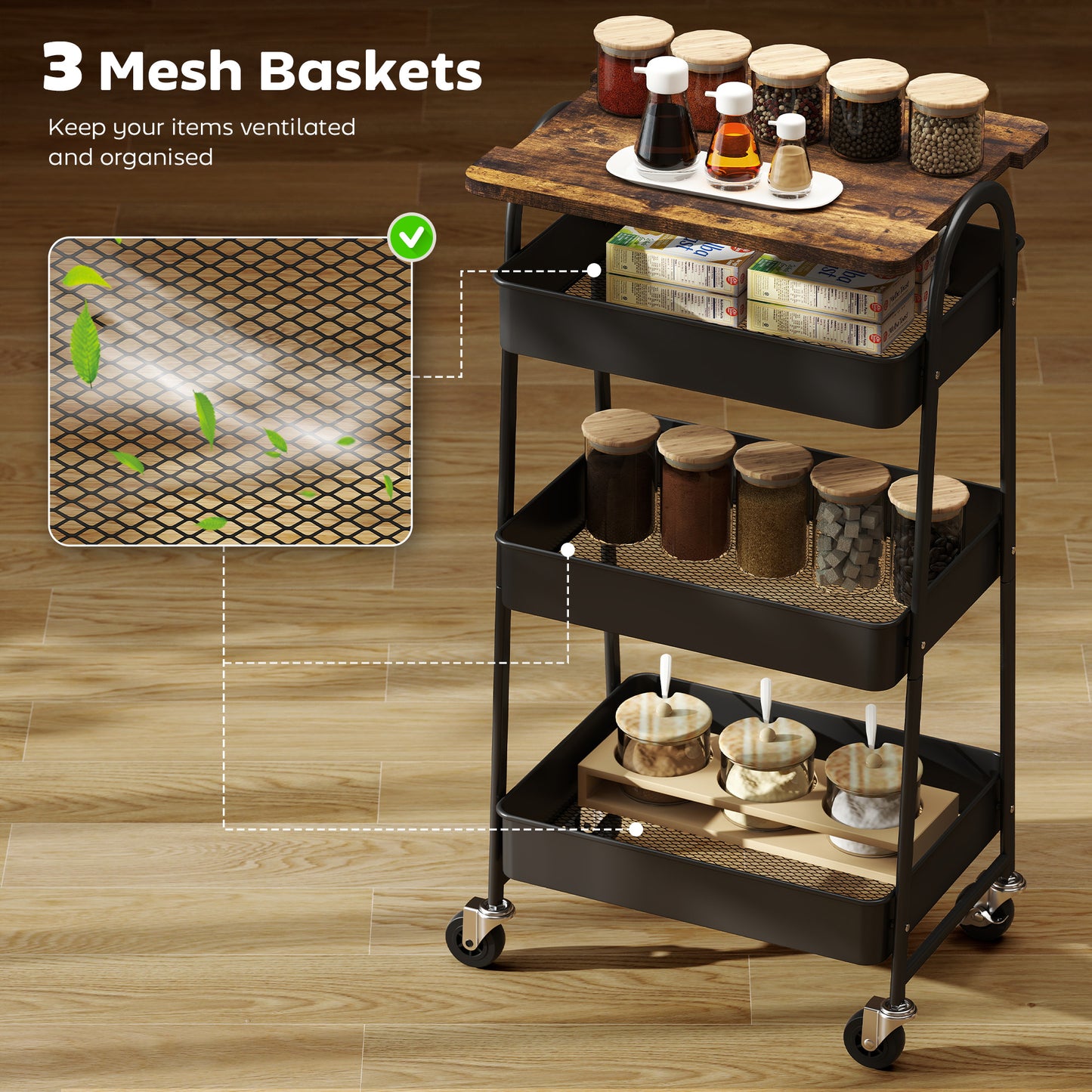 Rolling Utility Cart with Mesh Baskets for Kitchen Rustic Brown Black