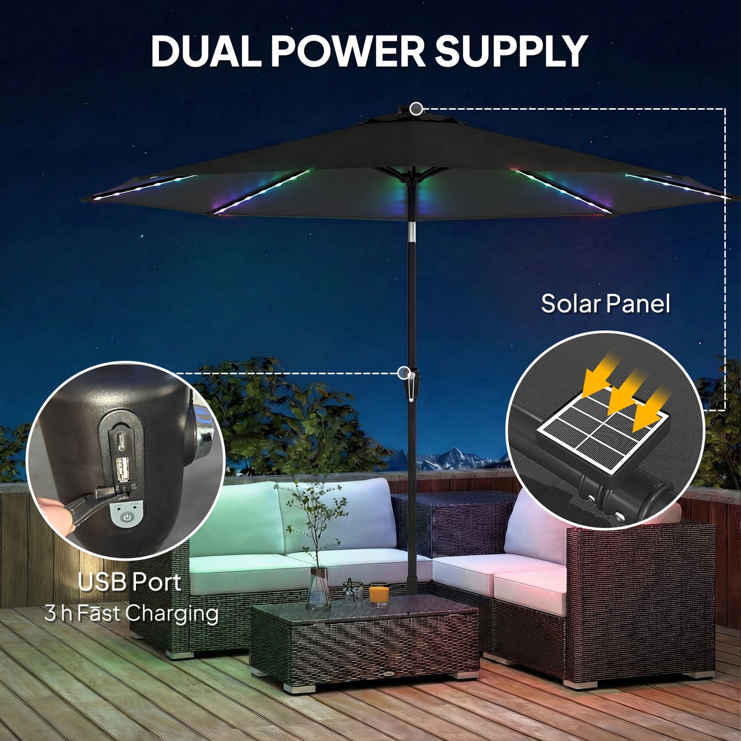 3 m Garden Parasol Umbrella with LED Lights, Patio Umbrella Black