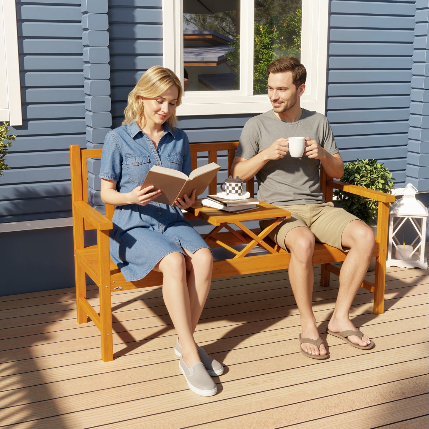 Outdoor Bench with Liftable Middle Table, 153cm Wood Garden Bench
