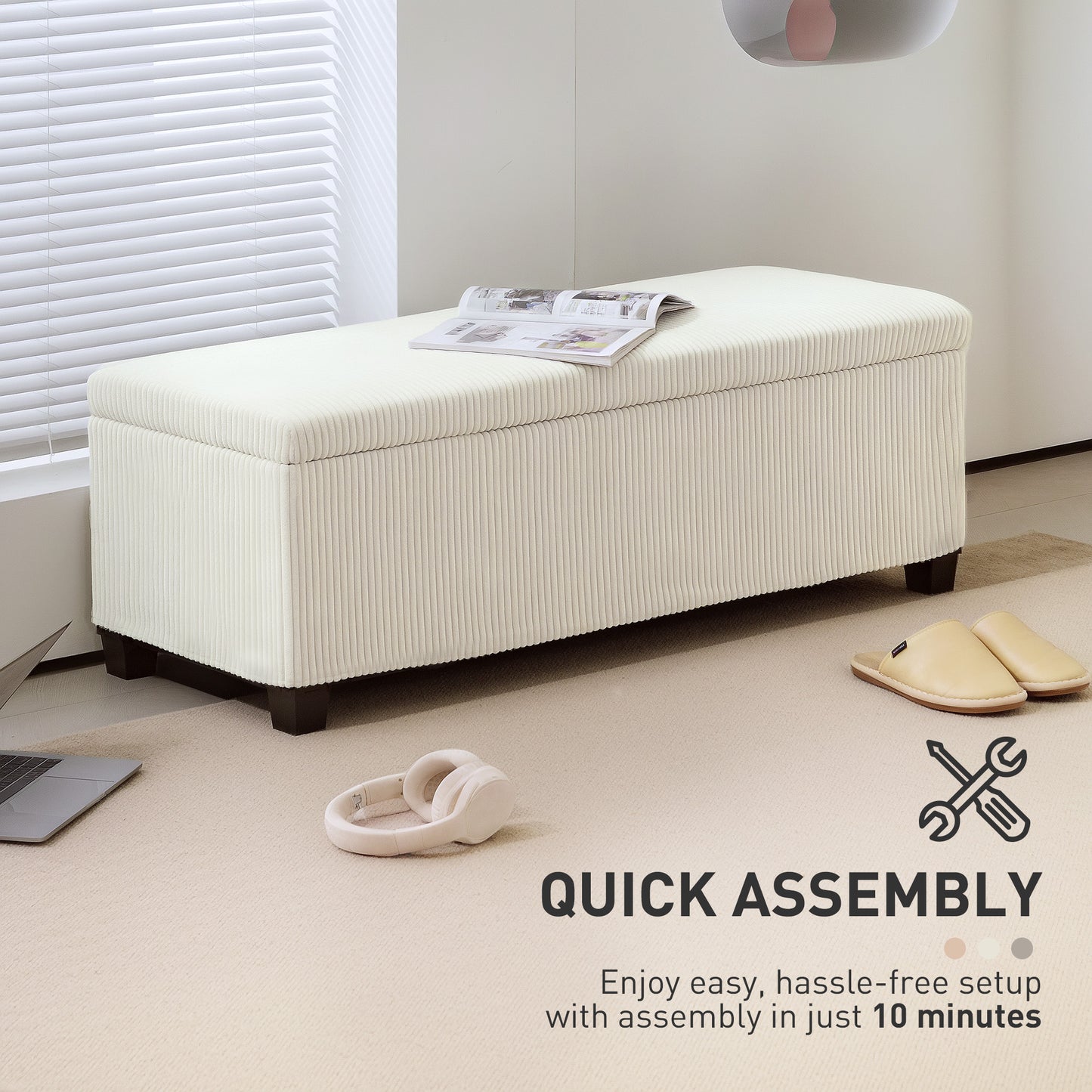 Storage Ottoman with Lid, 112cm Bench Chest Box, Beige