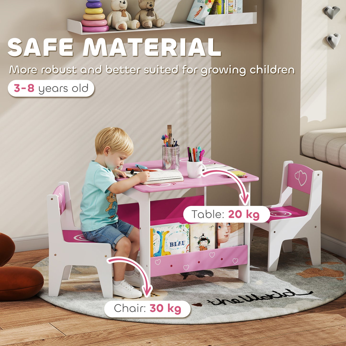 3 Pieces Kids Table and Chair Set with Bookshelves, Pink