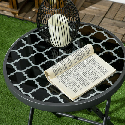 Φ45cm Outdoor Side Table, Round Folding Patio Table with Imitation Marble Glass Top, Small Coffee Table, Black