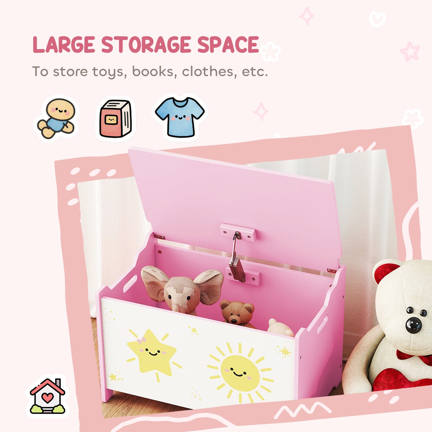 Toy Box with Lid, Safety Hinges for Kids, Nursery, Bedroom, Pink