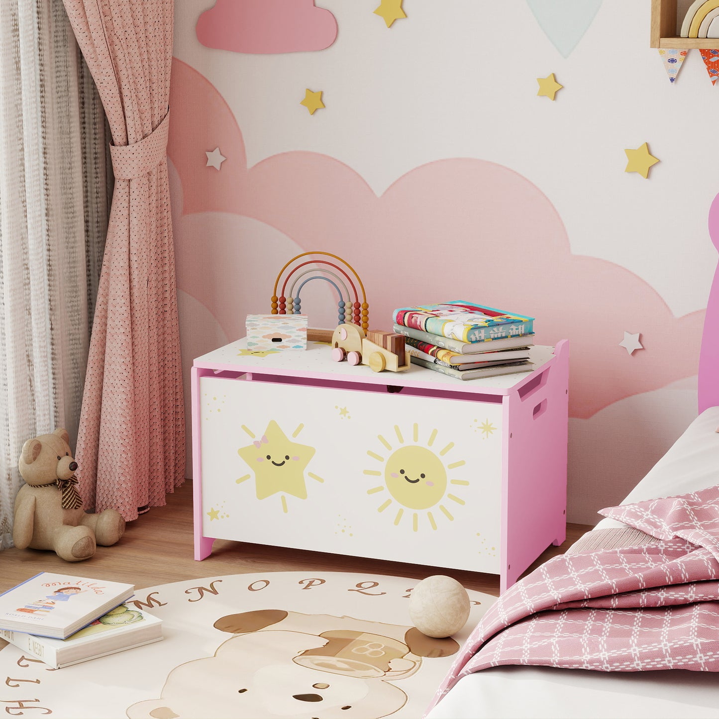 Toy Box with Lid, Safety Hinges for Kids, Nursery, Bedroom, Pink