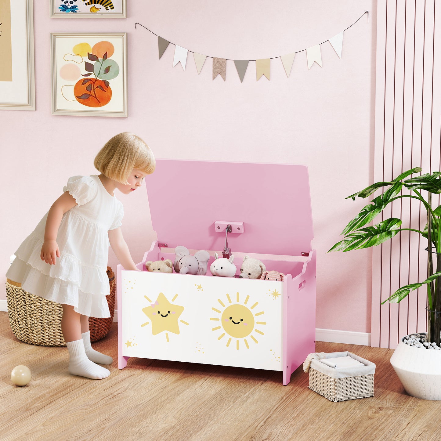 Toy Box with Lid, Safety Hinges for Kids, Nursery, Bedroom, Pink