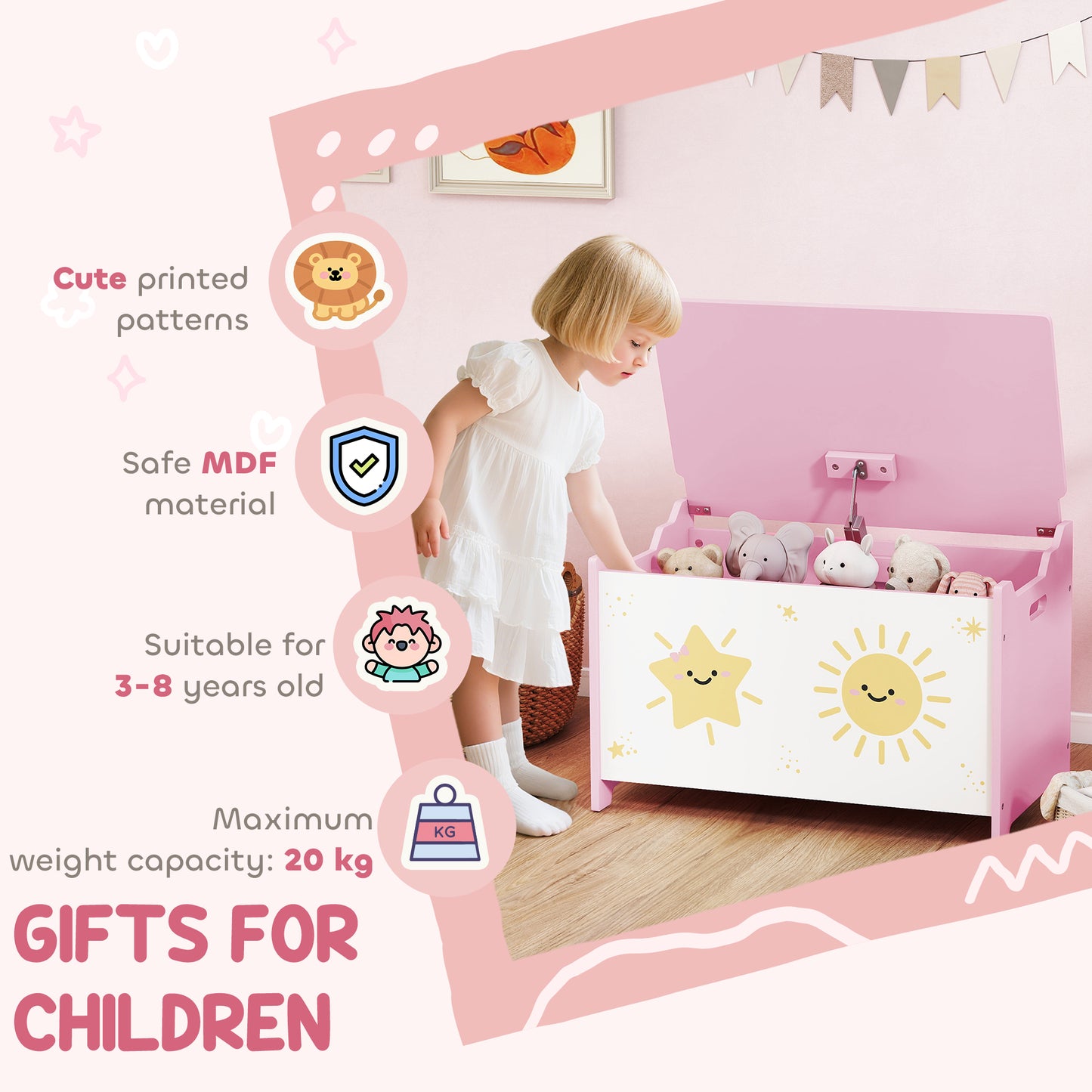 Toy Box with Lid, Safety Hinges for Kids, Nursery, Bedroom, Pink