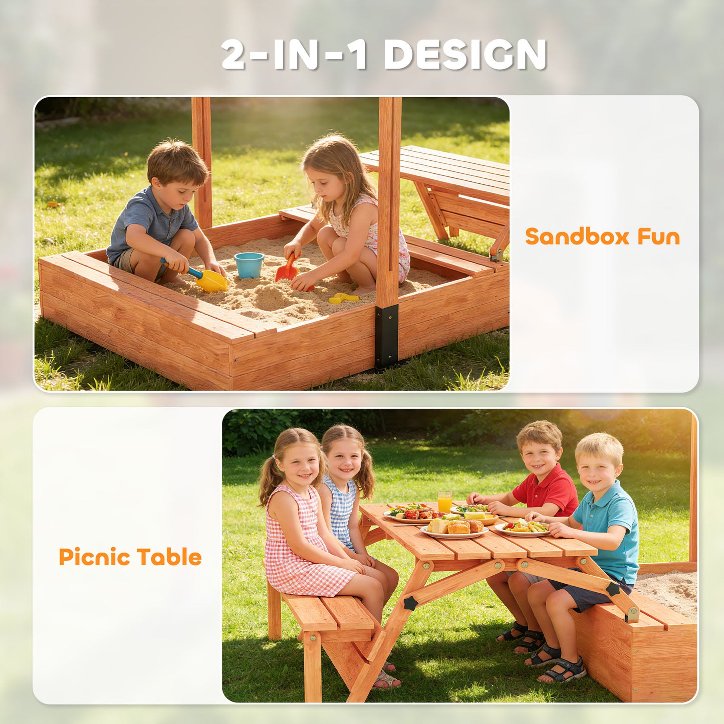 Kids Sand Pit with Lid, Wooden Sandpit with Foldable Picnic Table