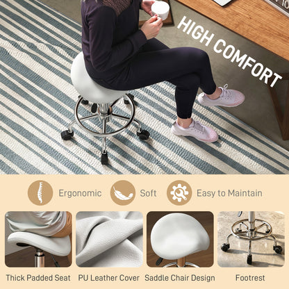Saddle Chair, Rolling Salon Stool for Massage Spa, White