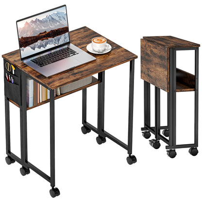 63 cm Foldable Computer Desk on Wheels for Small Spaces Rustic Brown
