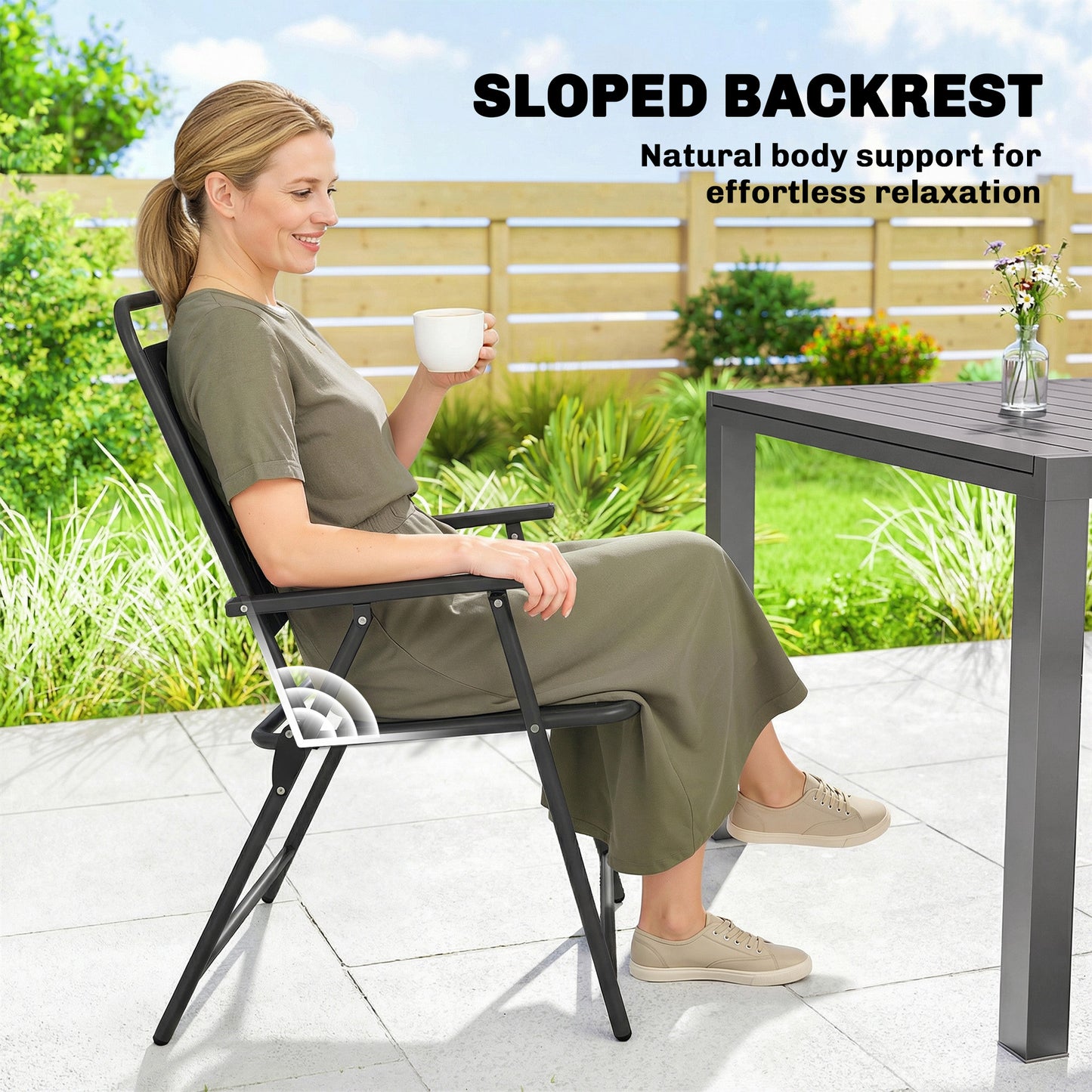 Folding Garden Chairs Set of 4 with Plastic Seat and Back, Black