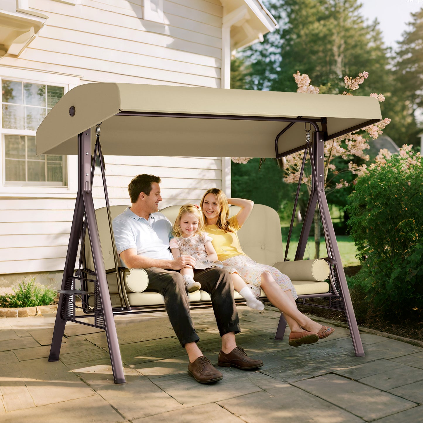 3 Seater Garden Swing Chair Patio Swing Bench w/ Cup Trays Brown