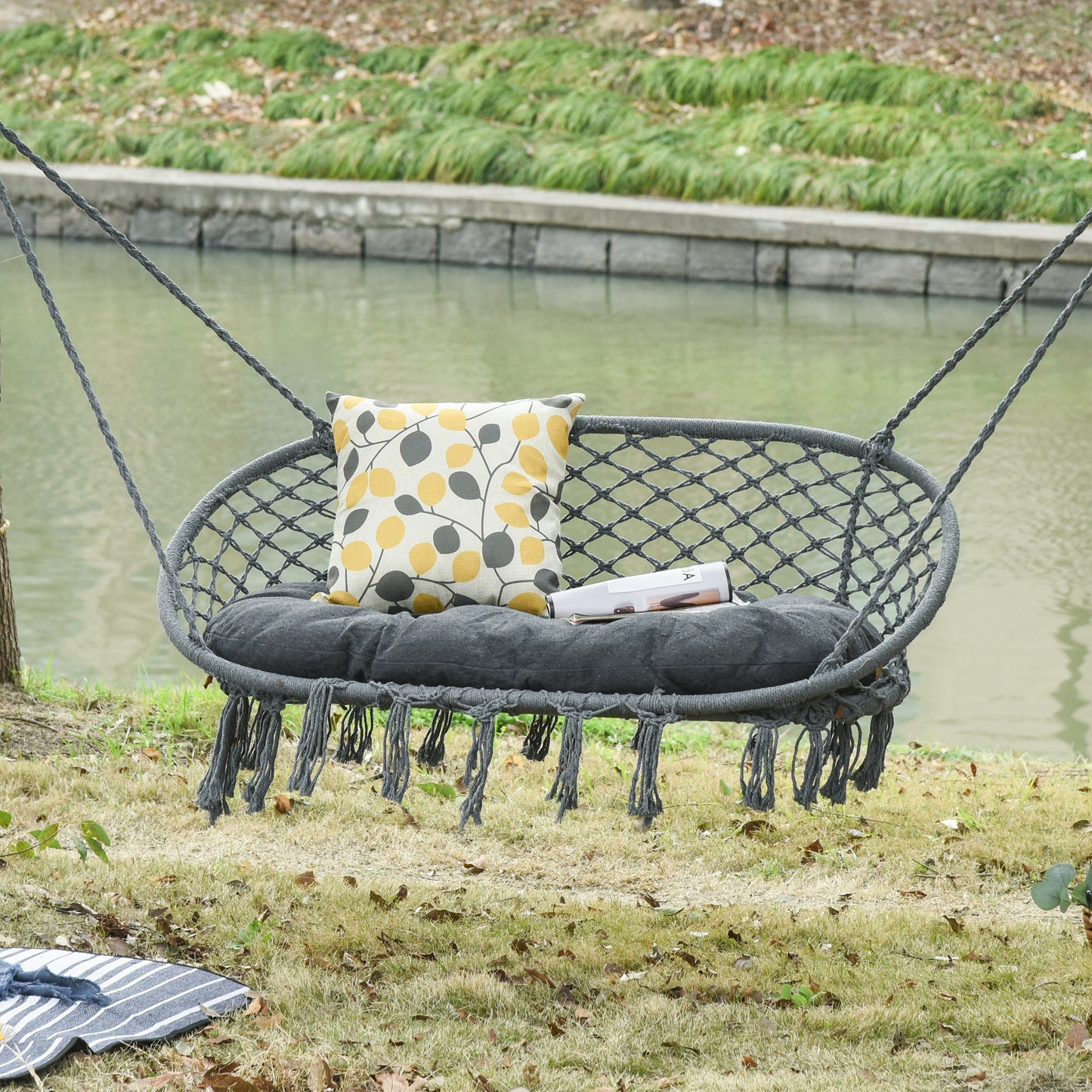 Hanging Hammock Chair Macrame Seat for Patio Garden Yard Dark Grey