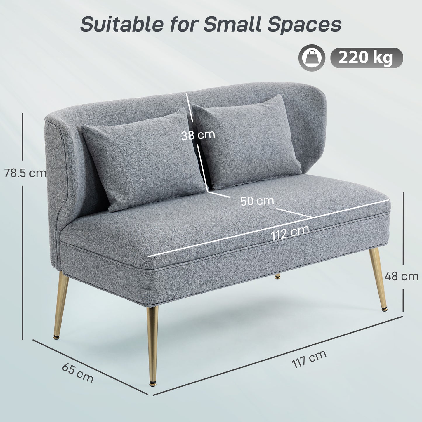2 Seater Sofa, Small Sofa with Wing Back, Thick Seat, Light Grey