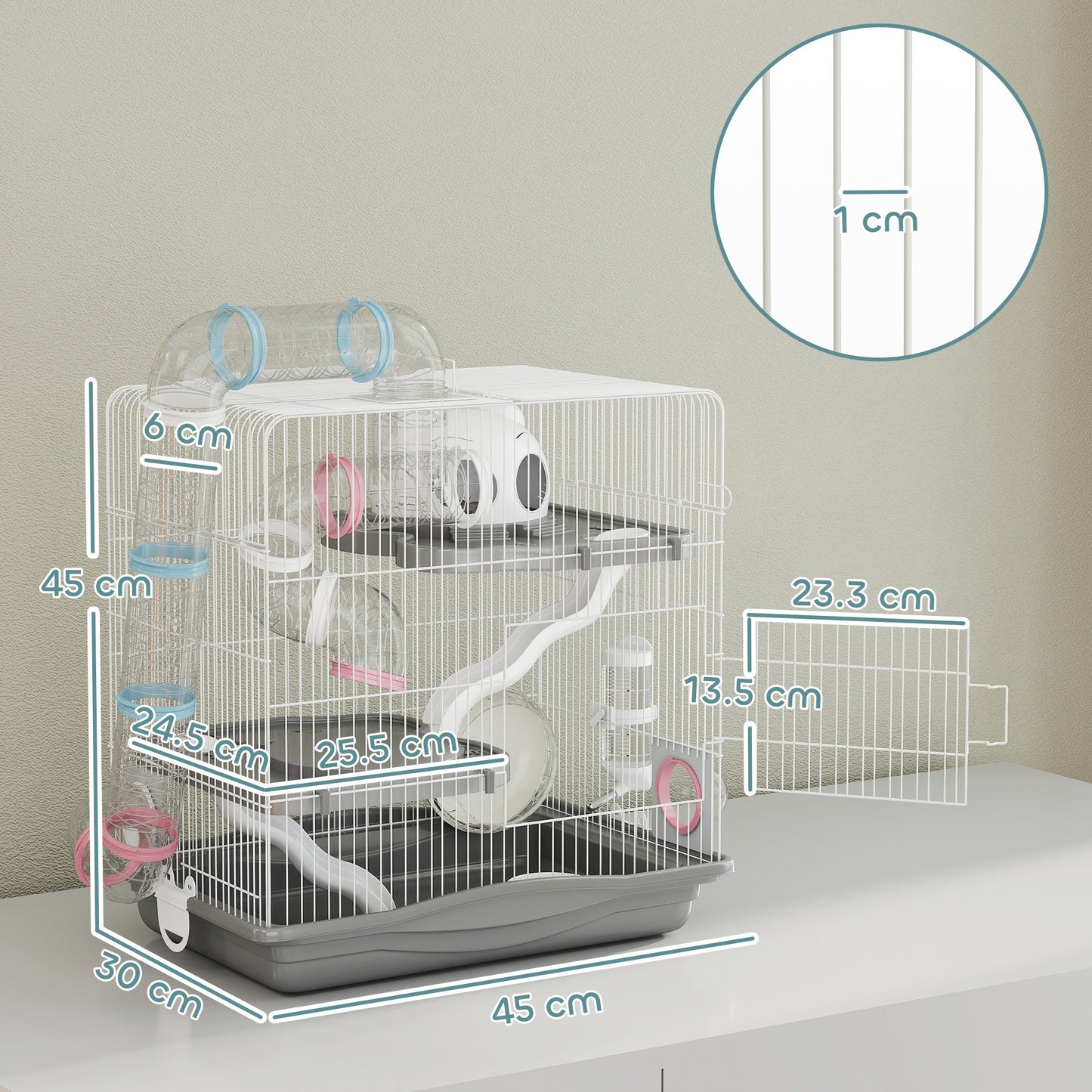 3-Tier Hamster Cage, Gerbil Cage with Exercise Wheel, Tunnel, Water Bottle, Food Dish, Hut, Ramp, for Dwarf Hamsters, 45 x 30 x 45 cm, Grey