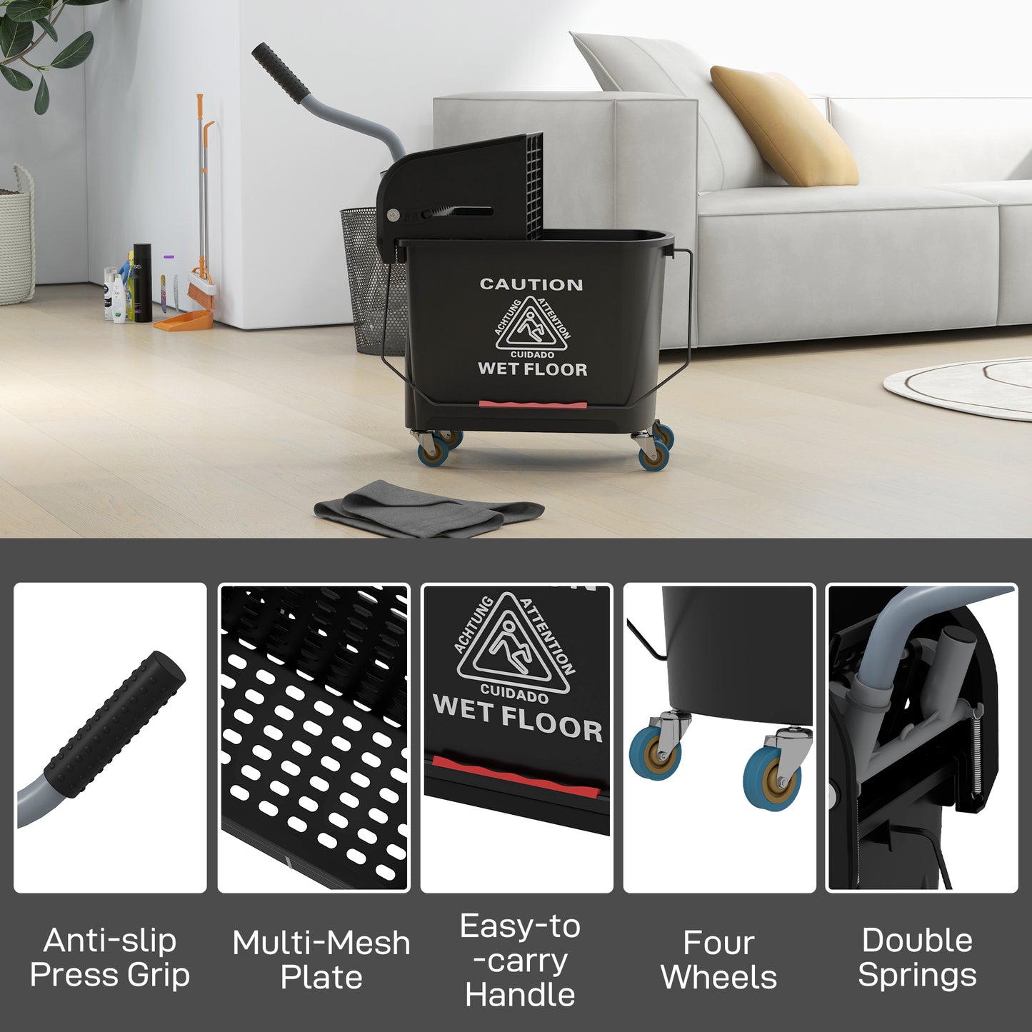 20L Mop Bucket with Wringer Handle on Wheels for Floor Cleaning Black