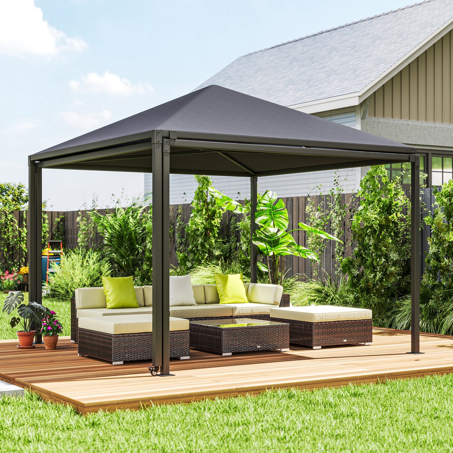 3 x 3(m) Garden Gazebo Canopy with Extendable Awning and Wheels