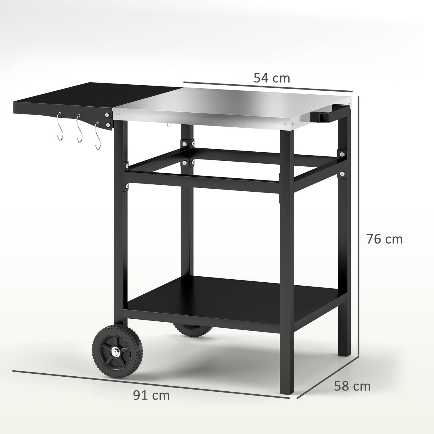 BBQ Trolley with Foldable Side Table, Movable Pizza Table, Black