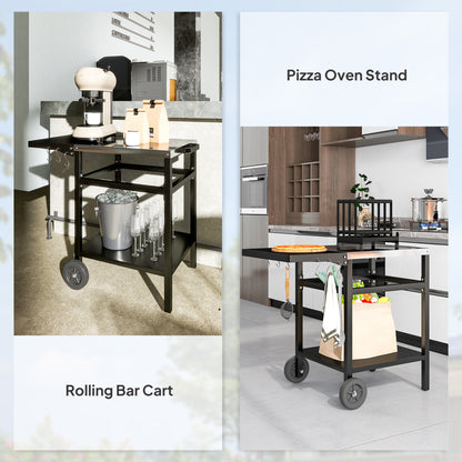 BBQ Trolley with Foldable Side Table, Movable Pizza Table, Black