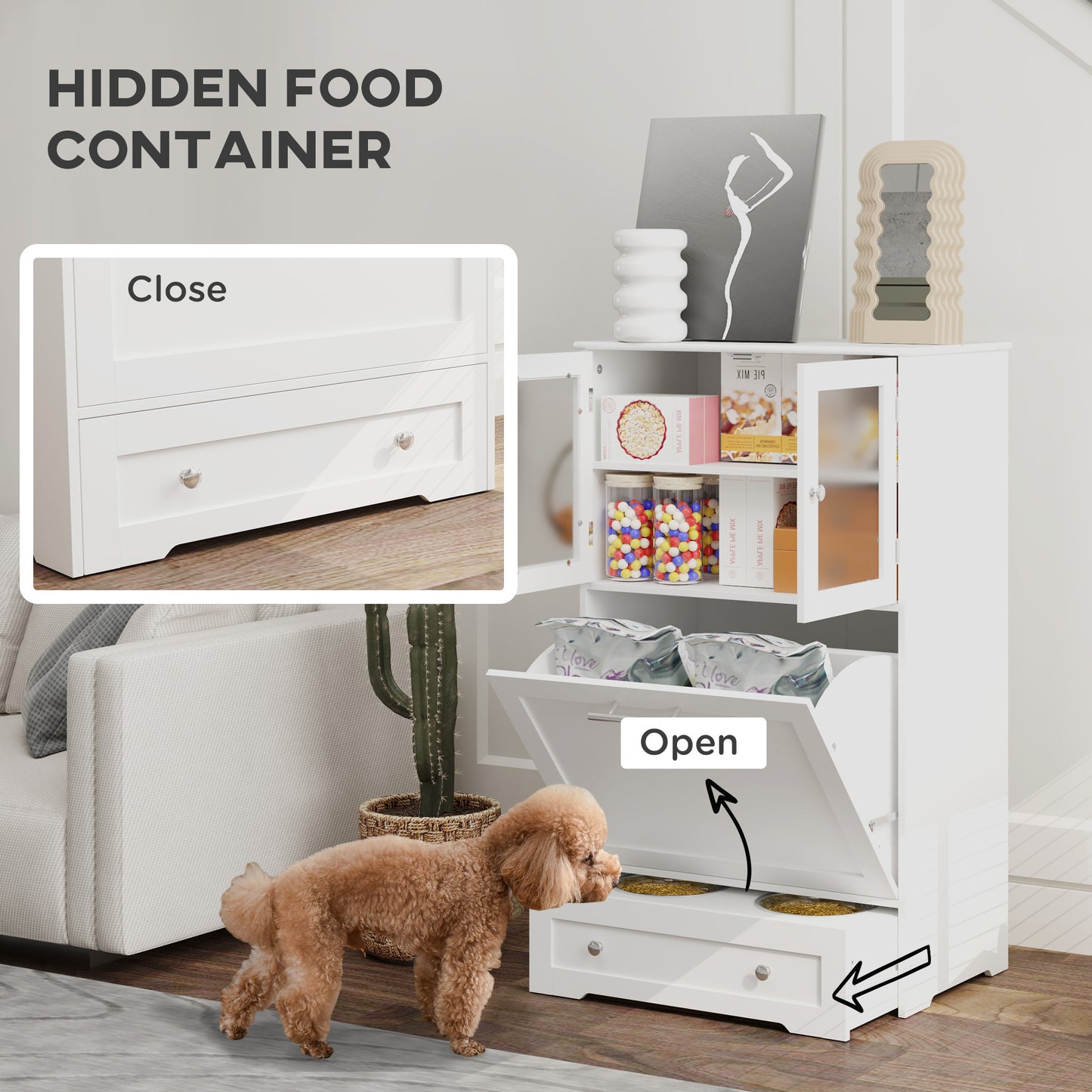 Dog Feeding Station with 2 Storage Cabinets, Dog Food Storage Cabinet with 2 Raised Bowls, Side Hooks, Anti-tip Kit for Water and Feeding Supplies, White