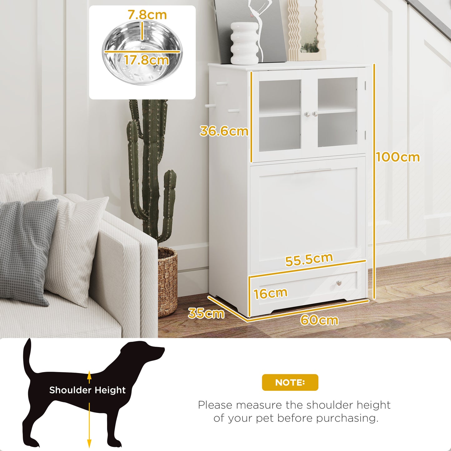 Dog Feeding Station with 2 Storage Cabinets, Dog Food Storage Cabinet with 2 Raised Bowls, Side Hooks, Anti-tip Kit for Water and Feeding Supplies, White