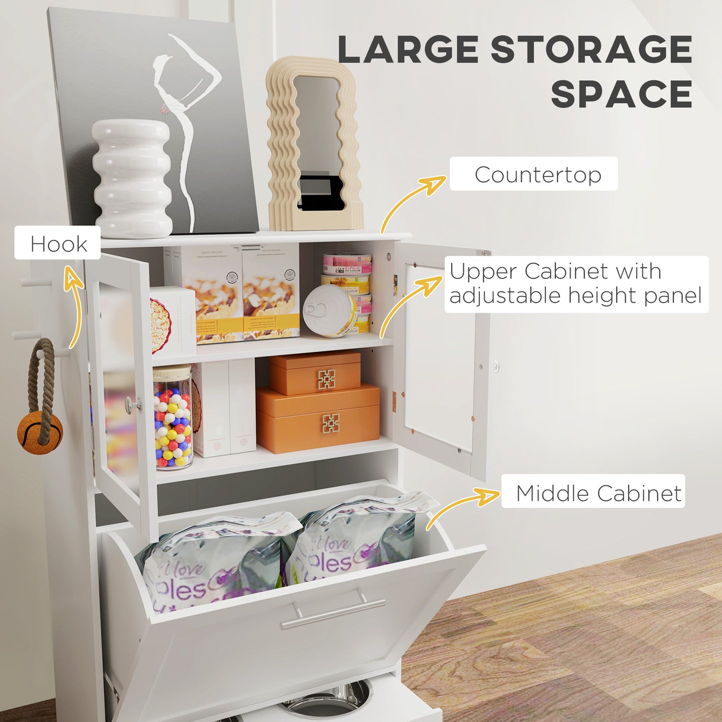 Dog Feeding Station with 2 Storage Cabinets, Dog Food Storage Cabinet with 2 Raised Bowls, Side Hooks, Anti-tip Kit for Water and Feeding Supplies, White