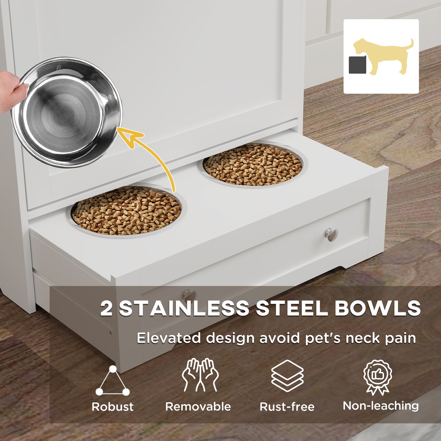 Dog Feeding Station with 2 Storage Cabinets, Dog Food Storage Cabinet with 2 Raised Bowls, Side Hooks, Anti-tip Kit for Water and Feeding Supplies, White