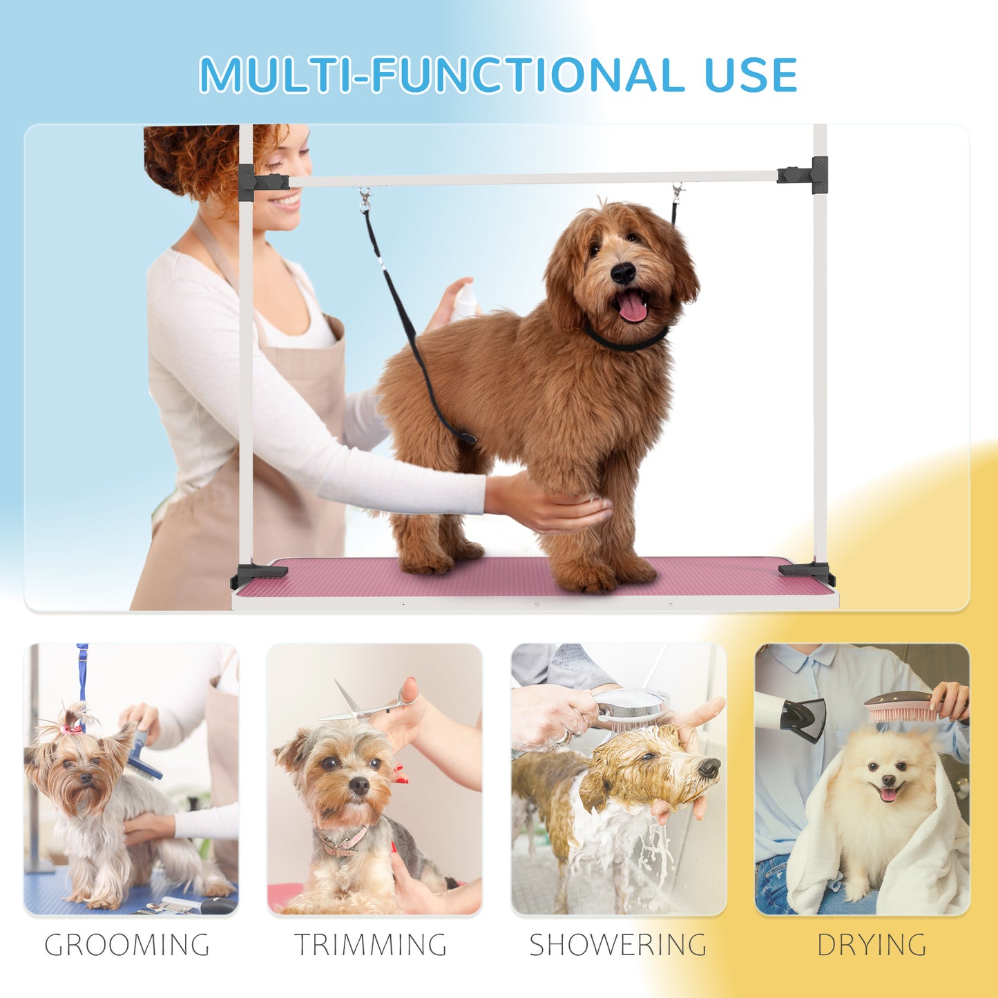PawHut Metal Adjustable Dog Grooming Table Rubber Top 2 Safety Slings Mesh