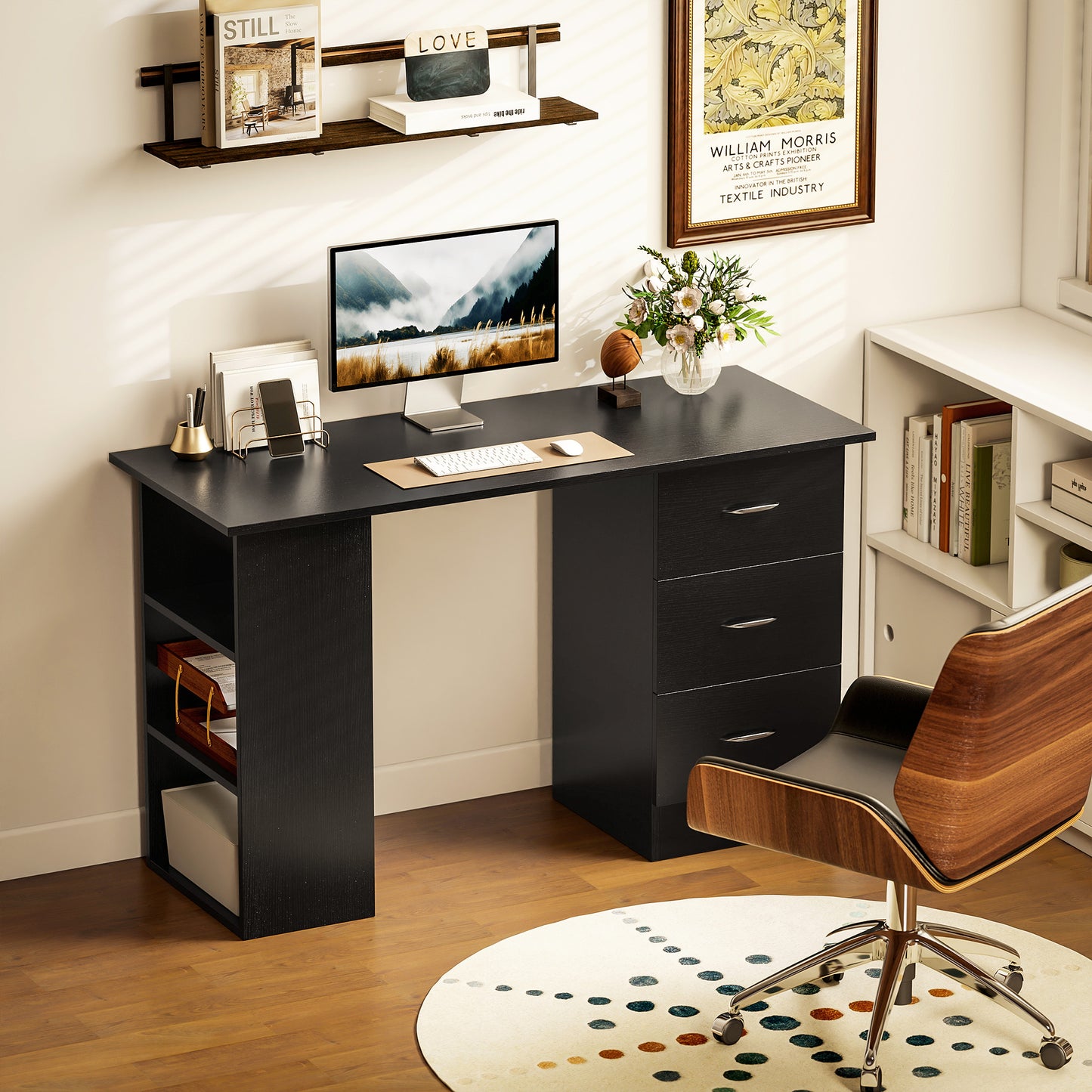 120cm PC Table Workstation Computer Desk with Drawers & 3 Shelf Black