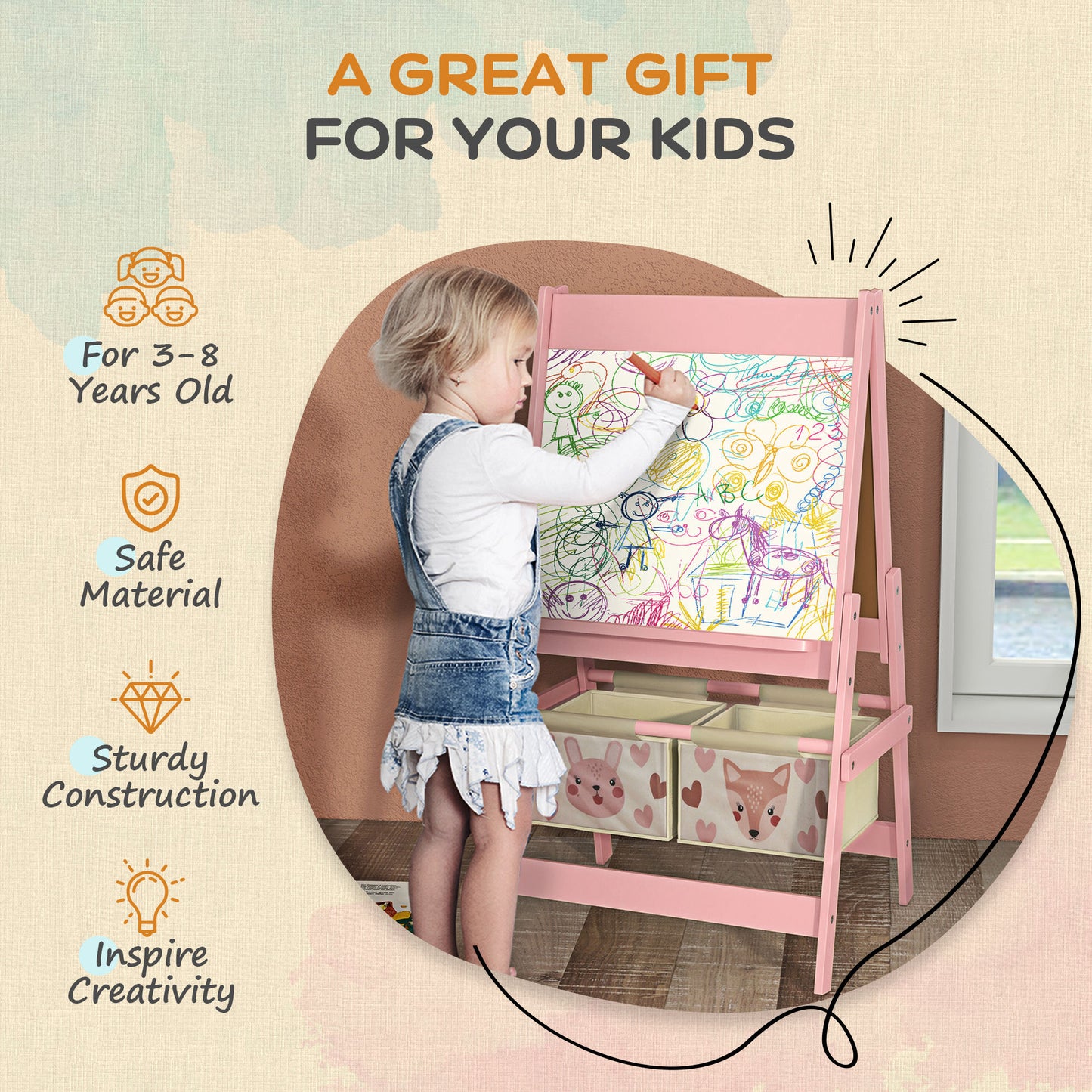 Kids Easel with Paper Roll, Blackboard, Whiteboard, Storage, Pink
