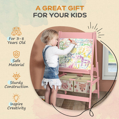Kids Easel with Paper Roll, Blackboard, Whiteboard, Storage, Pink